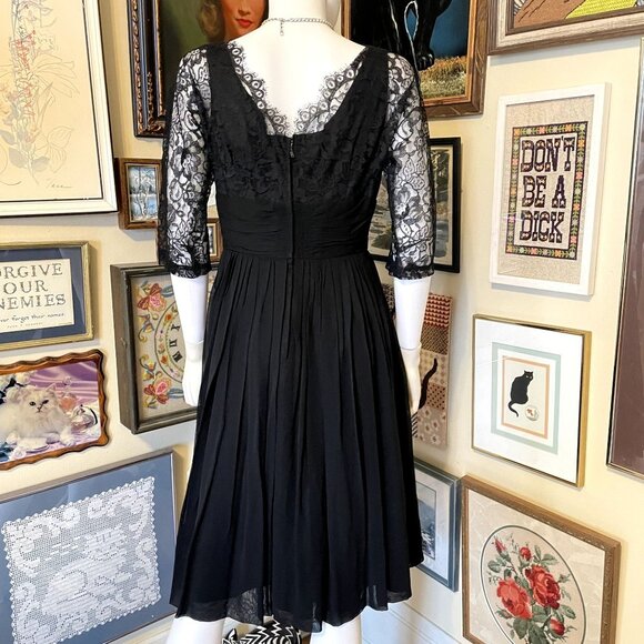 60s Vintage Black Lace Half Sleeve Midi Fit and Flare Cocktail Dress Size S - Picture 5 of 7